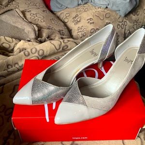 Impo Netti D’Orsay Heels light gray combo brushed suede & patton leather finish